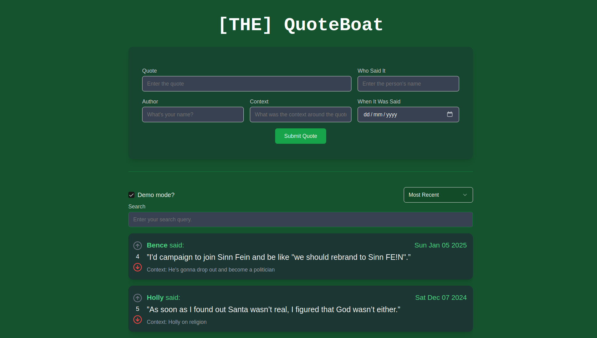 The simple single-page design of QuoteBoat